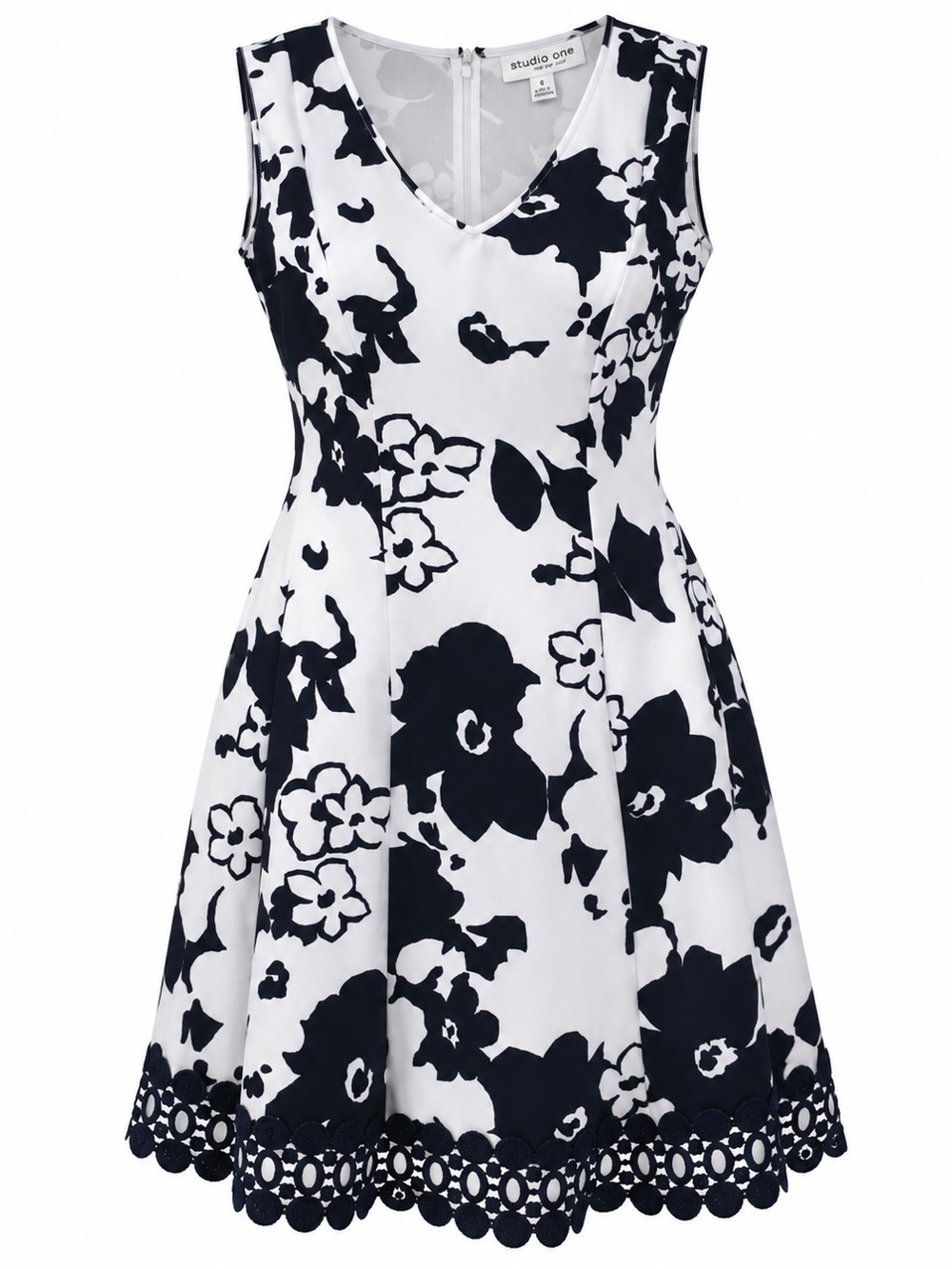 Studio One Navy & White Floral Fit-and-Flare Midi Dress